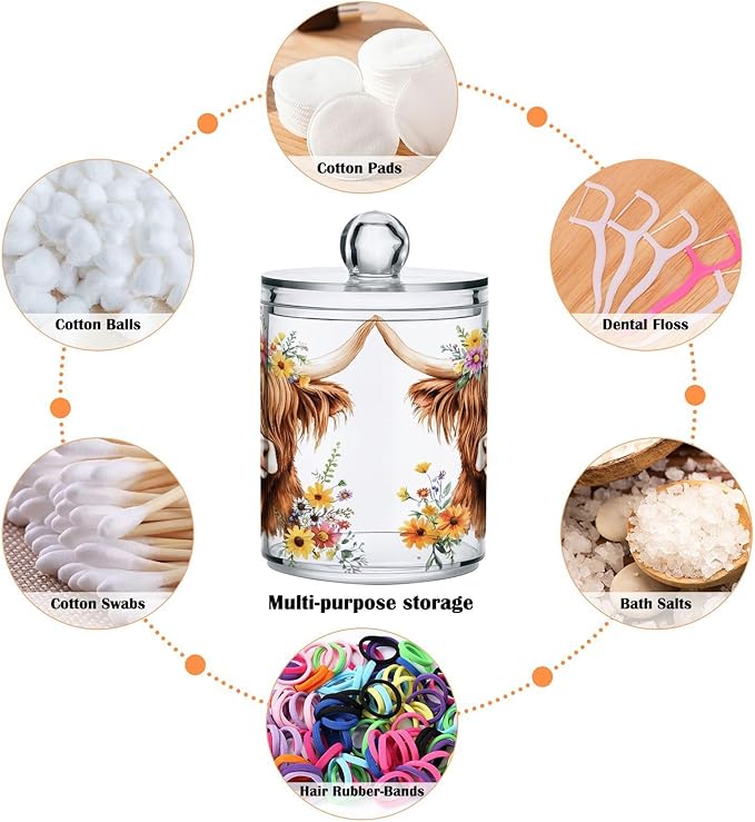 2 Pack Qtip Holder Dispenser for Cotton Ball Adorable Highland Cow Florals Swab Round Pads Clear Plastic Acrylic Jar Set Bathroom Canister