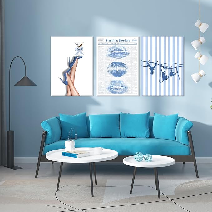 3Pcs Trendy Coquette Wall Art Blue Lips Bikini & Bow Heels Wall Decor Pictures Vintage Martini Newspapaer Canvas Posters Prints for Y2K Girly Room Dorm Apartment Preppy Aesthetic Decor 12x16in