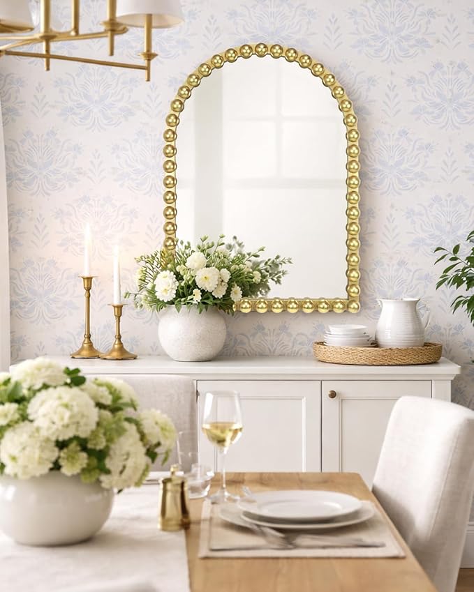 Gold Beaded Arched Wall Mirror 22x30 Inch, Vintage Decorative Arch Mirror with Beaded Frame, Accent Mirror for Entryway, Bathroom, Living Room, Bedroom, Fireplace
