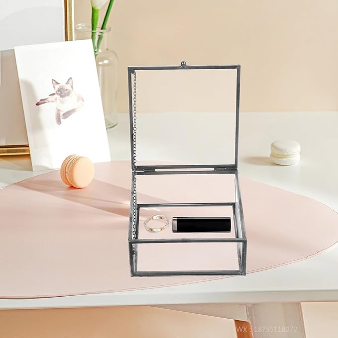 SHINEOFI Jewelry Storage Box with Glass Container and Black Alloy Frame, Perfume and Cosmetic Organizer Case with Lid, Dustproof Desktop Jewelry Holder for Home Use
