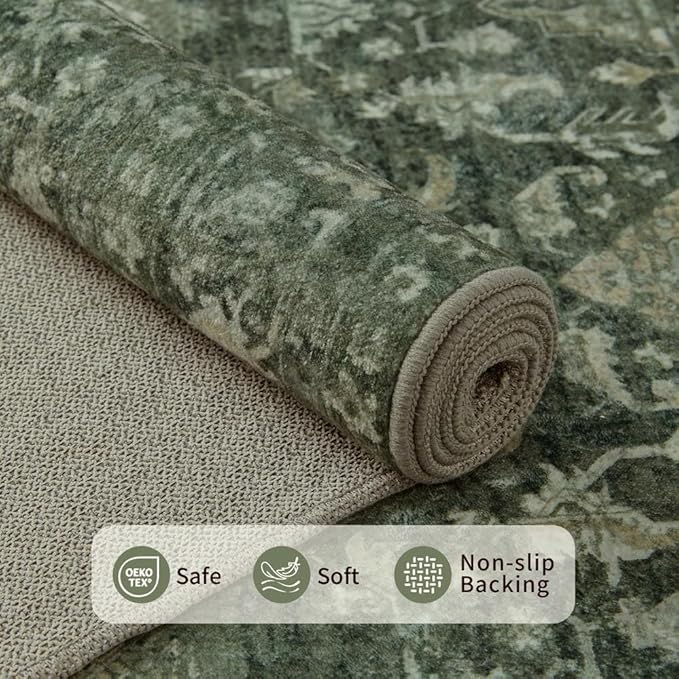 Rugxara 5x7 Area Rugs for Living Room Bedroom, Washable Rug, Green Vintage Floral Boho Rug, Non Slip & Low Pile Faux Wool Thin Carpet for Indoor Dining Room and Kids Room(Green 5x7ft)