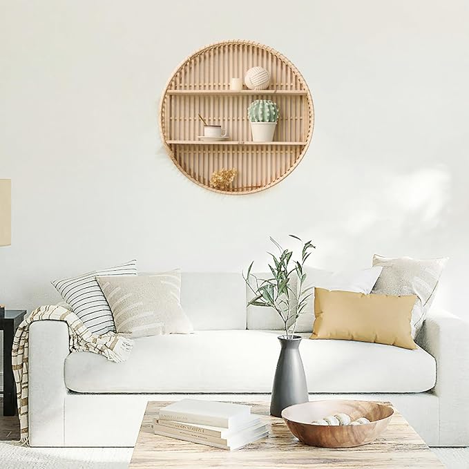 Rattan Wall Shelf 3 Tier Boho Wall Mounted Shelf Farmhouse Handcraft Round Floating Shelf Display Rack Storage Circular Hanging Shelf for Livingroom Home Decor
