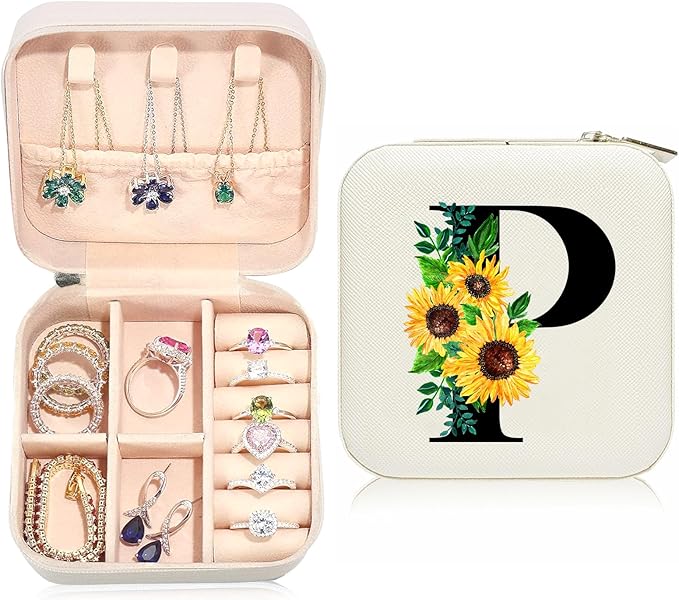 Sunflower Jewelry Case,Sunflower Gifts for Women,Initial P Travel Jewelry Box,Valentine's Day Gift Easter Personalized Gifts for Teen,Mom,Wife,Bridesmaids,21st Birthday Gift for Her