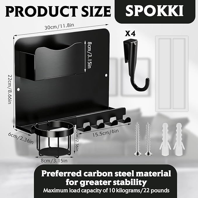 SPOKKI Floating Bedside Wall Shelf Organizer with Remote Control Holder;Metal Adhesive Wall Mount Nightstand Shelf for Bedroom;Dorm Room Essentials;Bed Shelf for Phone,Earphone,Kindle (Black)