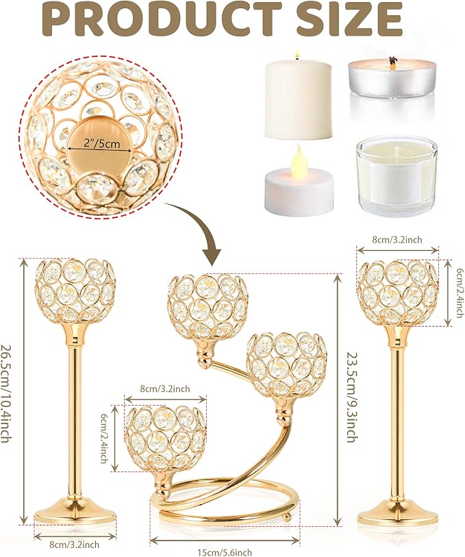 Gold Metal Crystal Candle Holder Set of 3 - Elegant 5-Arm Metal Tea Light Centerpiece with Shining Crystal Bowl, Wedding Anniversary Table Decor for Dining, Party