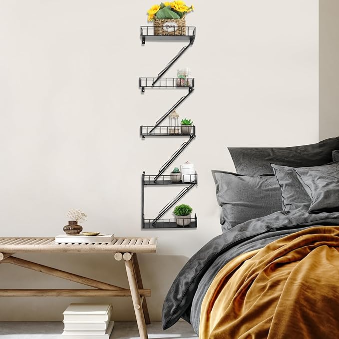 Zonon Fire Escape Wall Shelf Hanging Metal Ladder Shelves Wall Decor Cool Bookshelf Organizer Floating Shelves Action Figure Shelf for Home Bedroom Storage Display(Black,5 Tier)