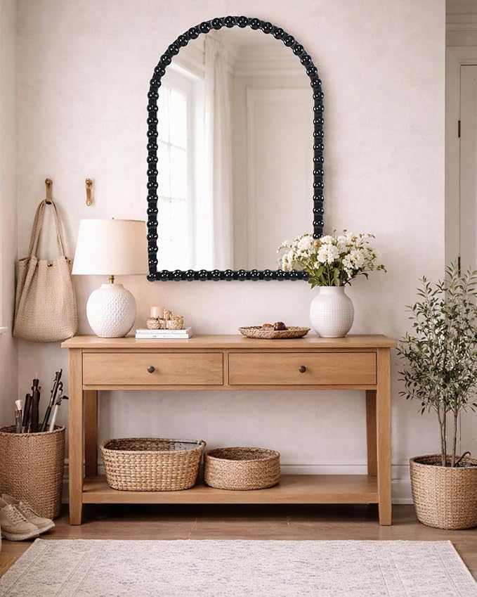 Black Beaded Arched Wall Mirror 24x36 Inch, Vintage Decorative Arch Mirror with Beaded Frame, Accent Mirror for Entryway, Bathroom, Living Room, Bedroom, Fireplace