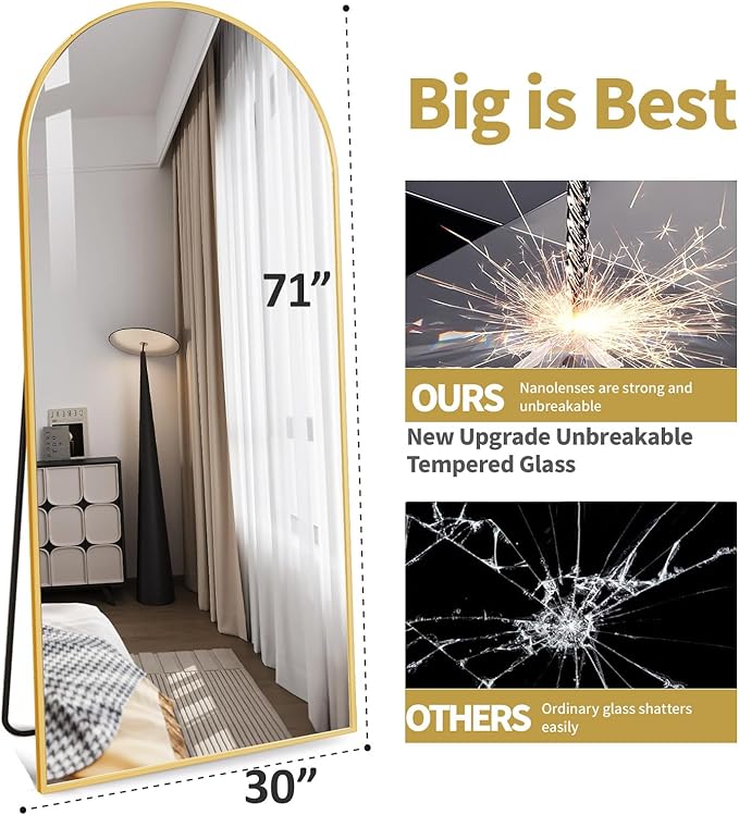 DMWOODFL 71"x30" Extra Large Full Length Mirror - Freestanding Floor Mirror with Anti-Tip Base, Shatterproof Glass for Bedroom, Living Room, Entryway (Gold)