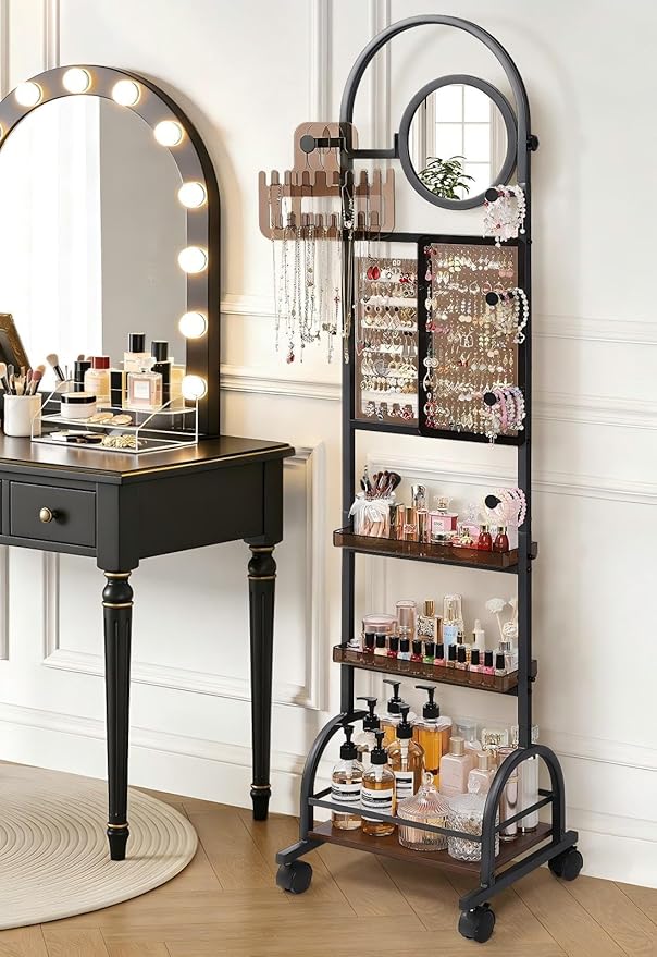 Mirror Jewelry Cabinet Standing, Jewelry Organizer and Storage with Jewelry Mirror, Jewelry Armoire with Earring Organizer Necklace Holder Bracelet Display, Large Tall Stand Up Jewelry Box Stand Tree