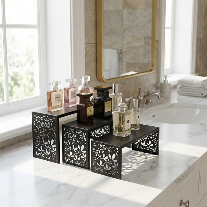 AIM & GGKK 3-Tier Black Perfume Organizer Stand | Rustproof Metal Cologne Display Rack for Cluttered Vanity & Bathroom | Space-Saving Vertical Fragrance Holder & Elegant Cupcake Tower for Party Decor