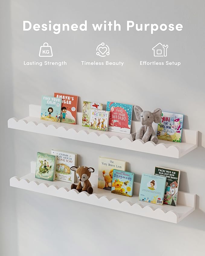 Onlysky Scalloped Shelves, Nursery Book Shelves, Floating Book Shelves for Wall, Toddler Nusery Deocr