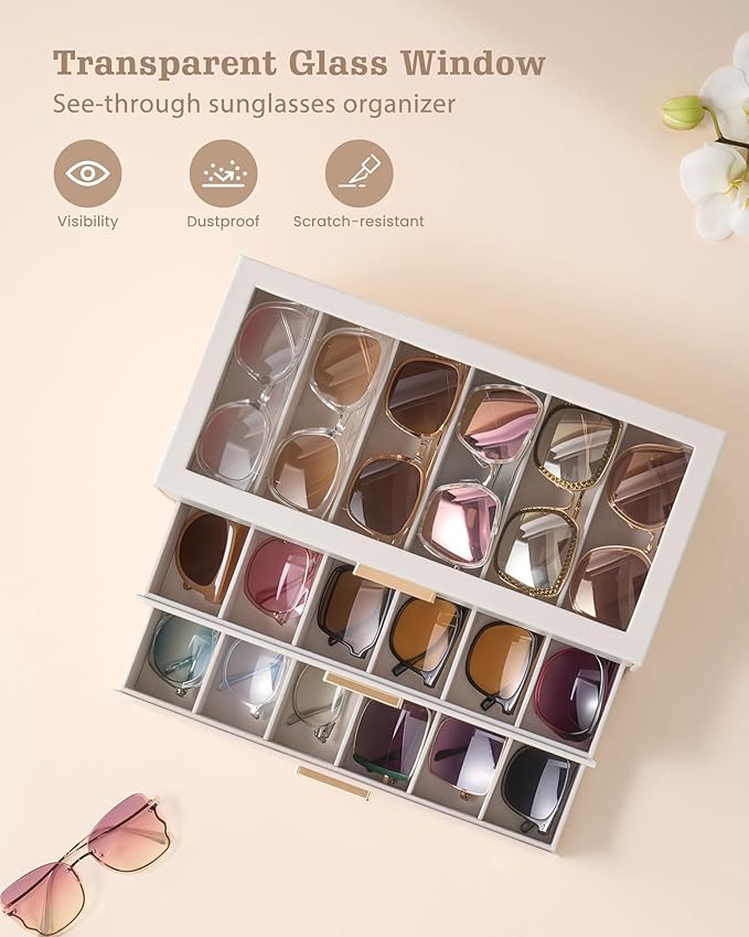 Lolalet Sunglasses Storage Box for Women, Eyewear Eye Glass Organizer with Clear Top Display Holder Case, Mothers Day Gifts