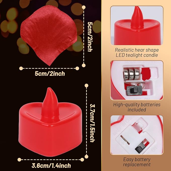 Cridoz Rose Petals for Romantic Night - Artificial Red Rose Petals with LED Candles for Decoration, Wedding, Valentine's Day