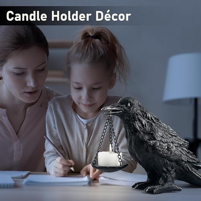 Gothic Crow Lamp with Tealight Candle Holder Resin Raven Decor Statue Gothic Home Decor for Bedroom Unique Goth Gifts Wearing Silver
