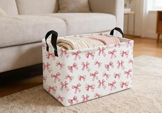 Essme Rectangular Pink Baskets,Girls Storage Box,Cute Basket for Kids with Handles for Room Decor, Book Bins,Shelf Basket.(Pink Bowknot)
