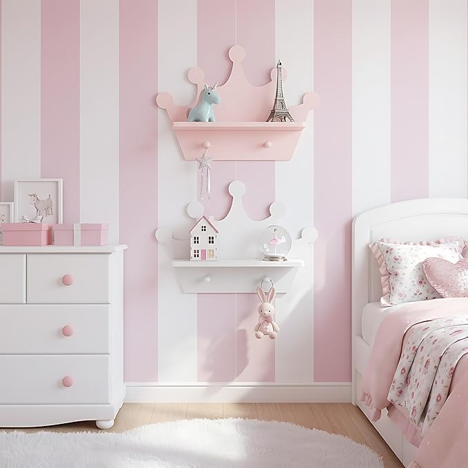 Pink Crown Floating Wall Shelf with Hooks, Princess Room Decor for Girls Bedroom, Nursery Organizer for Girls Room Storage