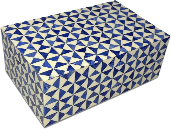Perilla Home ﻿Home Decor Decorative Storage Wooden Box Small Rectangle Wooden Organizer Tool Stash Card Craft Book Treasure Trinket Memory Keepsake Jewelry Box Jestor Gifts For All Blue and off white