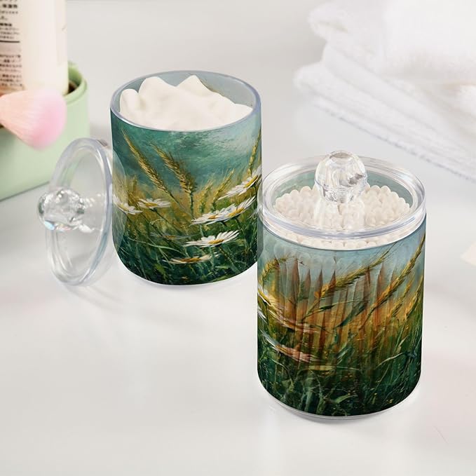Wheat Flowers Field Pattern Bathroom Containers Holder with Lids Set Clear Jars 2 Pack Plastic Makeup Storage Organizer 4.13 x 2.75In for Balls Floss Picks Vanity