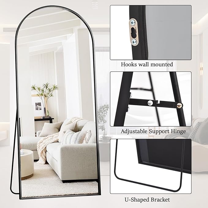 Rowjut Floor Full Length Mirror, Arched Mirrors Full Length 71"x30" Freestanding Large & with Aluminum Frame & Wall Mounted & Hanging or Leaning/Full Body Mirror for Bedroom, Black