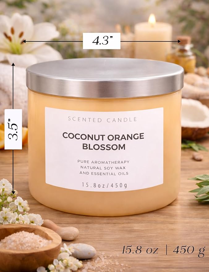 Coconut Orange Blossom 3-Wick Soy Candle | 15.8 oz Large Scented Candle for Home | Clean Burn Long Lasting | Creamy Floral Citrus Scent | Gift Ready