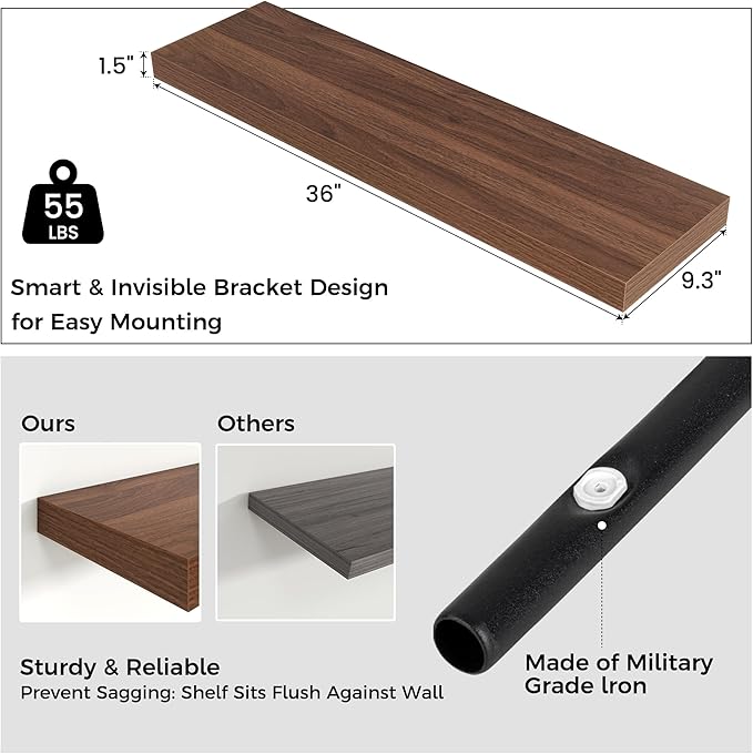 Venusmiles Floating Shelves for Wall, Engineered Wood Wall Shelves with Invisible Brackets for Living Room Bedroom Bathroom Office Kitchen Decor and Storage (Walnut, 36" W x 9" D x 1.5" H) Set of 2