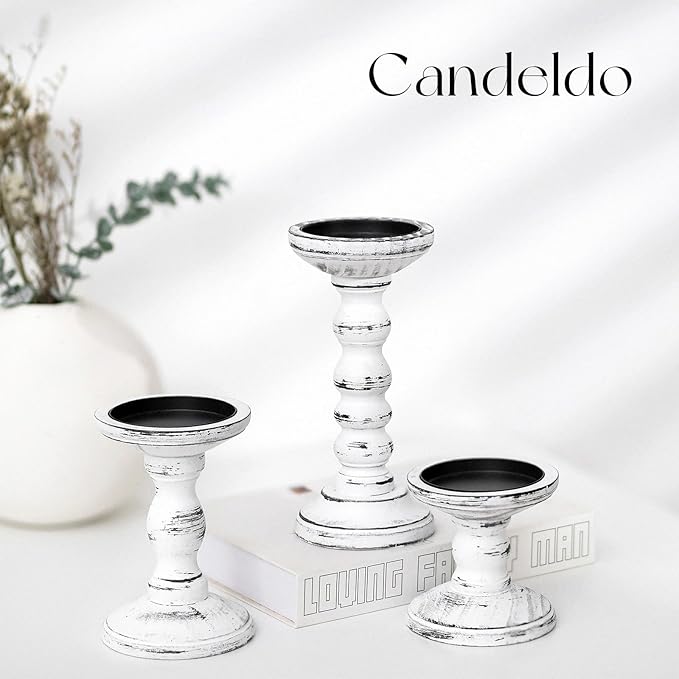 Candeldo Wood Candle Holders for Pillar: Rustic Candles Holder Set of 3 Table Centerpiece Decor Wooden White Farmhouse Decorations for Fireplace Mantle