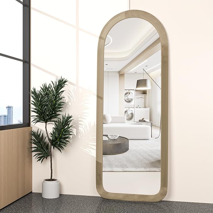Full Length Mirror 56"x20" Arch Floor Mirror with Stand Arched Full Body Mirror Standing Hanging or Leaning Against Wall for Bedroom Flannel Wrapped Wooden Frame Milk Tea