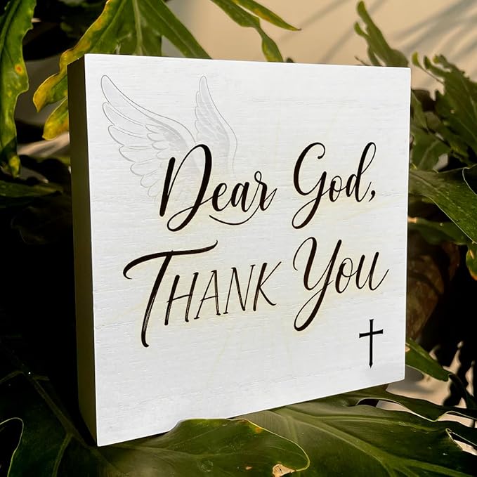 Christian Wooden Box Sign5x5 Inch - "Dear God, THANK YOU" Rustic Christian Home Decor, Farmhouse Style Shelf Desk Table Decoration for Bathroom Living Room