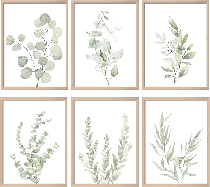 Botanical Plant Wall Art Boho Decor Prints Light Green Eucalyptus Leaf Picture Canvas Wall Art Minimalist Floral Wall Decor for Bedroom Living Room Bathroom Kitchen (Set of 6, 12x16 inch, Unframed)