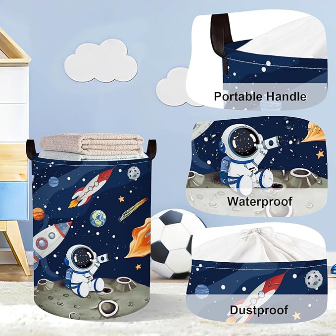 Space Rockets Laundry Hamper Cartoon Astronaut Large Storage Basket Planet Collapsible Parents Organizer Boys Clothes Toy Bins for Bedroom, Bathroom, Blue, 63L