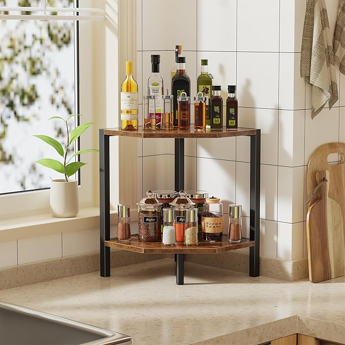 Creso hom Corner Shelf Stand, 2 Tier Industrial Corner Bookshelf, Multipurpose Standing Corner Display Shelf Countertop Organizer for Living Room Kitchen Bedroom Office, Rustic Brown