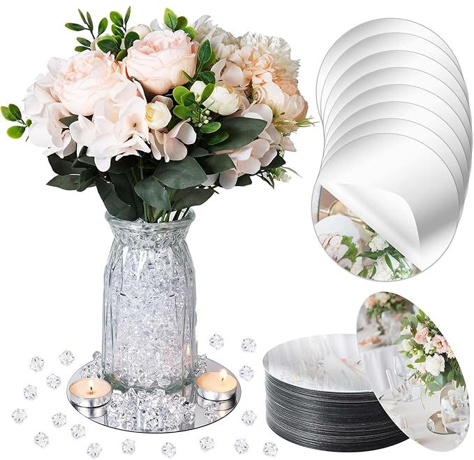 Thyle 50 Pcs 6 Inch Acrylic Round Mirrors Trays Wedding Centerpieces for Tables Non Glass Round Mirror Plate Self Adhesive Mirror Stickers with Fake Ice Cubes for Home Wall Decor DIY Crafts Framing