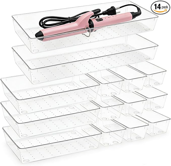 14 Pcs Clear Plastic Drawer Organizer Tray with 2 Pcs 15"x6" Extra Large Trays, Multi-Purpose Storage Bins for Vanity, Makeup, Kitchen Utensils, Bathroom, Office Desk, Auto Tools & Craft Supplies