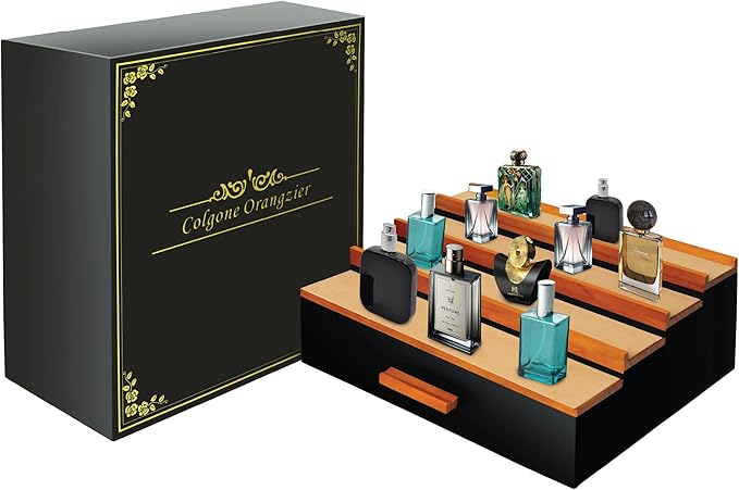 Cologne Organizer for Men，4 Tier Wood Perfume Display Stand with Velvet Lining Drawer and Hidden Compartment ，Perfume Organizer for Men，Great Gift for Man (Black Walnut)