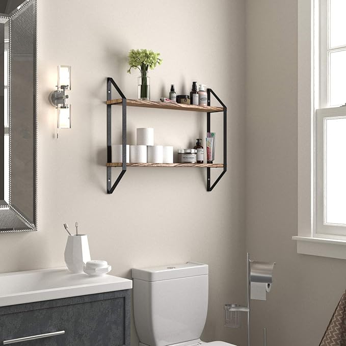 Wallniture Ponza 2-Tier Floating Bookshelf for Wall, 24 Inch Wall Shelves for Bedroom Storage, Natural Burned Wood