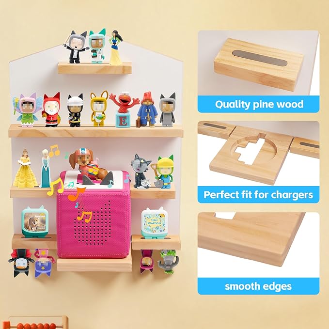 Gieanoo for TonieBox 2/1 Toniebox Shelf, Magnetic Shelf for Tonies Pine Wooden Floating Wall Shelves Organizer Compatible with Tonie Box Player and Tonie Figures Storage(White)