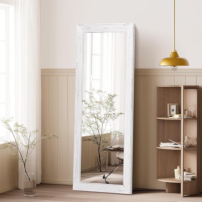 Full Length Mirror 58"x22" - Beveled Edge Rustic White Dressing Mirror, Solid Wood Frame, Wall Mounted or Leaning for Bedroom, Entryway, Living Room