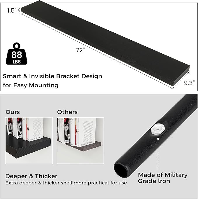 Venusmiles Floating Shelves for Wall, Engineered Wood Wall Shelves with Invisible Brackets for Living Room Bedroom Bathroom Office Kitchen Decor and Storage (Black, 72" W x 9" D x 1.5" H) Set of 1