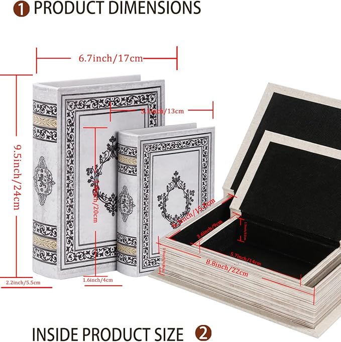 Decorative Wooden Book Box Set of 2 - Vintage Faux Book Boxes for Home Decor, Secret Storage with Magnetic Closure, Antique Style, Grey Leather Cover Design, Perfect for Home Office Bookshelf