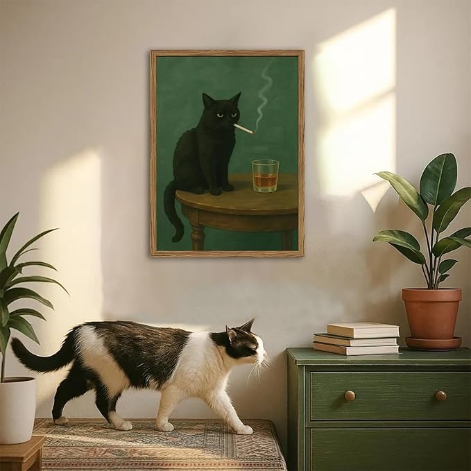 Moody Black Cat Wall Art, Funny Smoking Cat with Whiskey Wall Decor Painting Dark Humor Animal Bar Cart Poster Canvas Prints for Living Room Bedroom 12x16 inch Wood Framed
