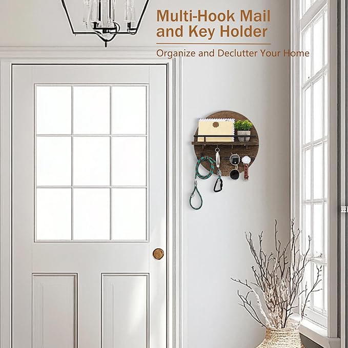 Key Holder for Wall Decorative with Shelf and Hooks, Unique Mail Organizer Wall Mount with Sunglasses Holder, Cute Circular Design Entryway Key Rack Hanger, Rustic Home Decor Boho Wall Decor