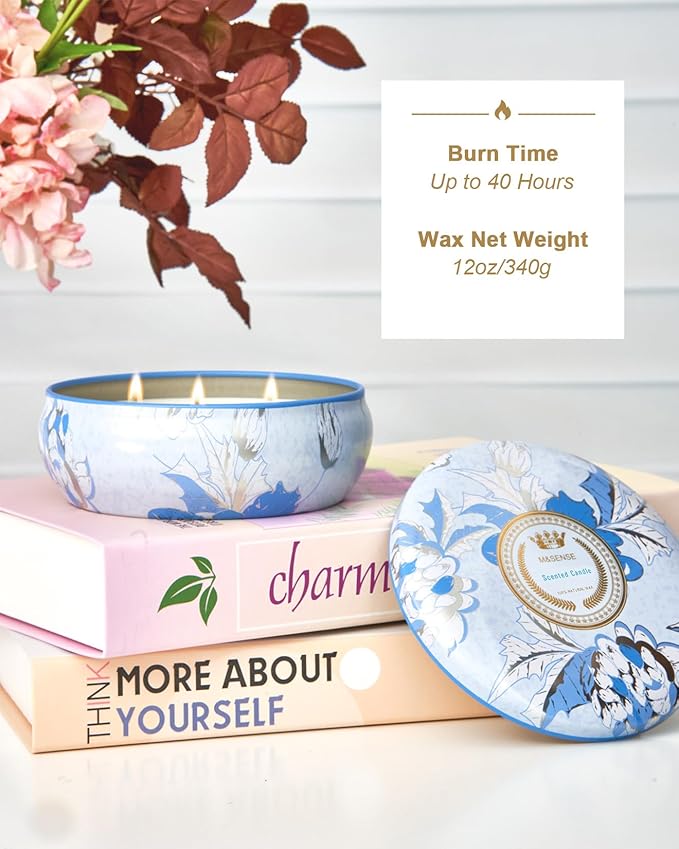 M&SENSE Clean Cotton Scented Candles 12oz, Large 3 Wick Soy Tin Candle, Over 40 Hour Burning Time, 100% Natural Vegan Wax, Relaxing Aromatherapy Aesthetic Candle Gift for Women and Men