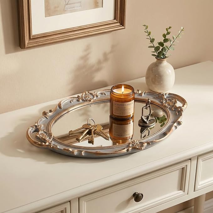Oval Vintage Decorative Mirror Tray, 14.6'' x 9.8'' Jewelry Dresser Organizer Tray, Cosmetics Makeup Storage Organizer, Serving Tray - Gray