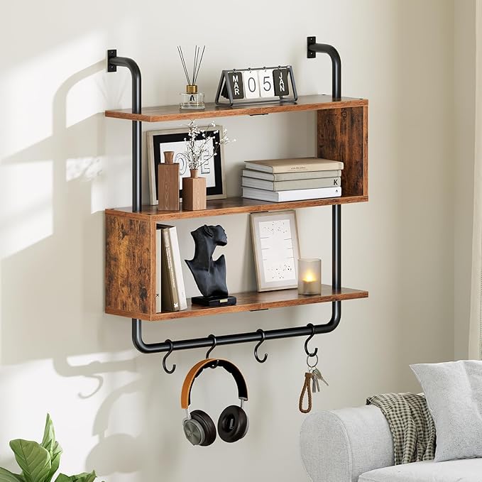 HOOBRO Floating Shelves with LED Lights, 29.5" LED Wall Mounted Gaming Shelf, 3-Tier Pipe Display Rack with Hanging Rod and 4 S-Hooks, for Storage Livingroom, Bedroom, Rustic Brown and Black BF21DBJ01