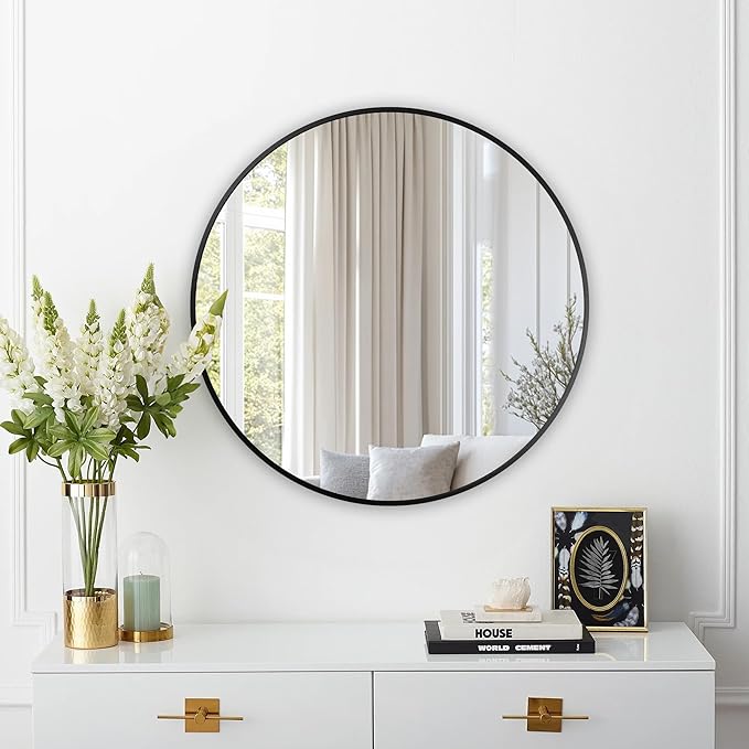 Round Mirror, Wall Mounted Circle Mirror with Brushed Metal Frame, Circular Mirrors for for Bathroom, Living Room, Vanity, Bedroom, Entryway, 24inch, Black
