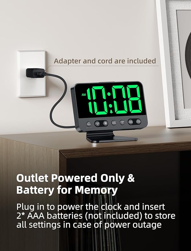 Odokee Digital Alarm Clocks for Bedrooms: Large Bold Number 5 Brightness Dimmer - Easy to Read Across The Room - 5 Alarm Sound 8 Night Light - Green