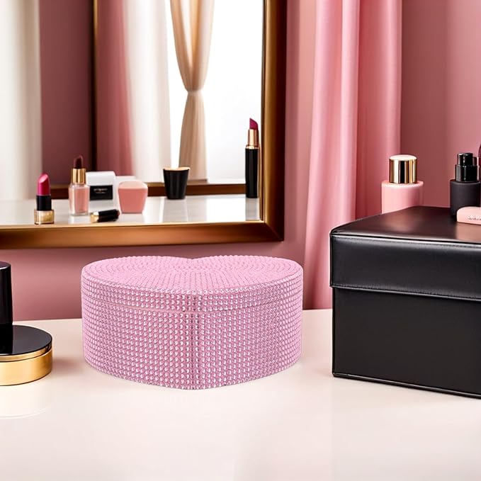 Outanaya Heart-shaped Jewelry Box with Mirror, 2-layer Pink Plastic Makeup Organizer and Small Jewelry Case for Travel Storage of Rings Earrings Hairpins