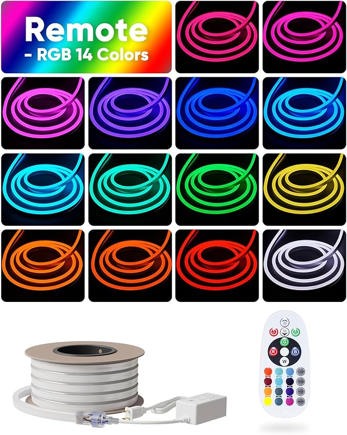 Shine Decor LED RGB Neon Rope Lights AC 120V, Expandable & Cuttable Bright Strip Lighting with Remote, Dimmable Color Changing, ETL Cold-Resistant & IP65 Waterproof for in&Outdoor, 10x20mm, 50FT