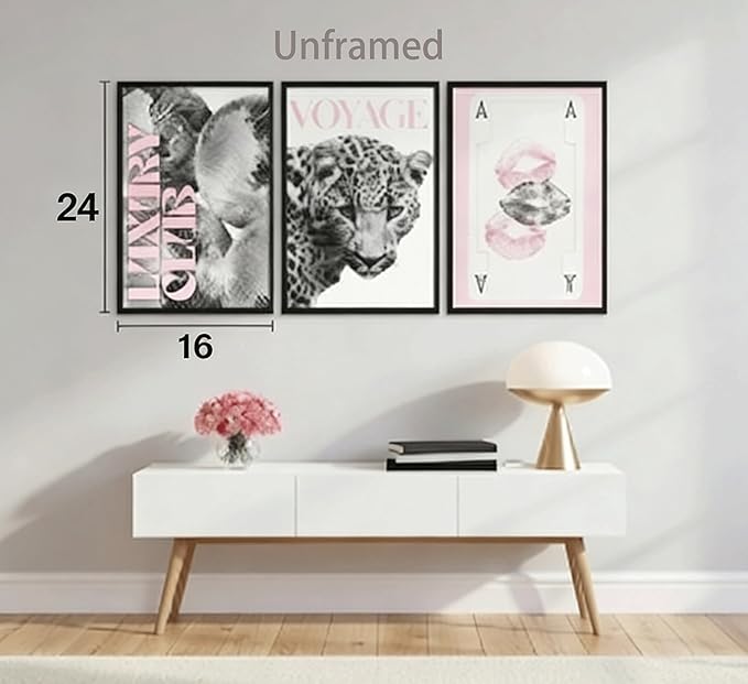 3pcs Pink Fashion Leopard Print Wall Art,Black and White Cheetah Pattern Canvas Poster,Funny Playing Card Painting,Lip Disco Ball Pictures Wall Decor for Girls' Room Living Room Bedroom 24x16in Unframed