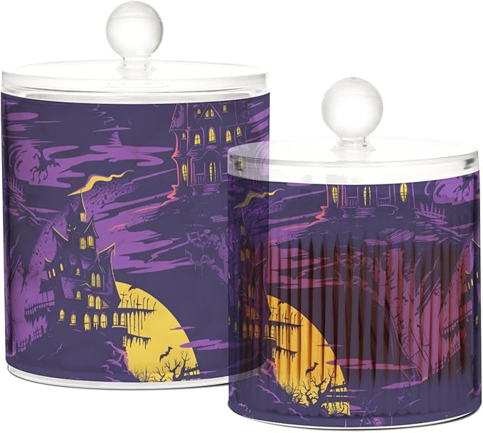 Haunted House on Haunted Hill Purple Clear Plastic Makeup Organizer Storage with lid Bathroom Essentials Decorative Dental floss storage jar for Cotton Swabs,Cotton Pads,Floss Picks,Paper